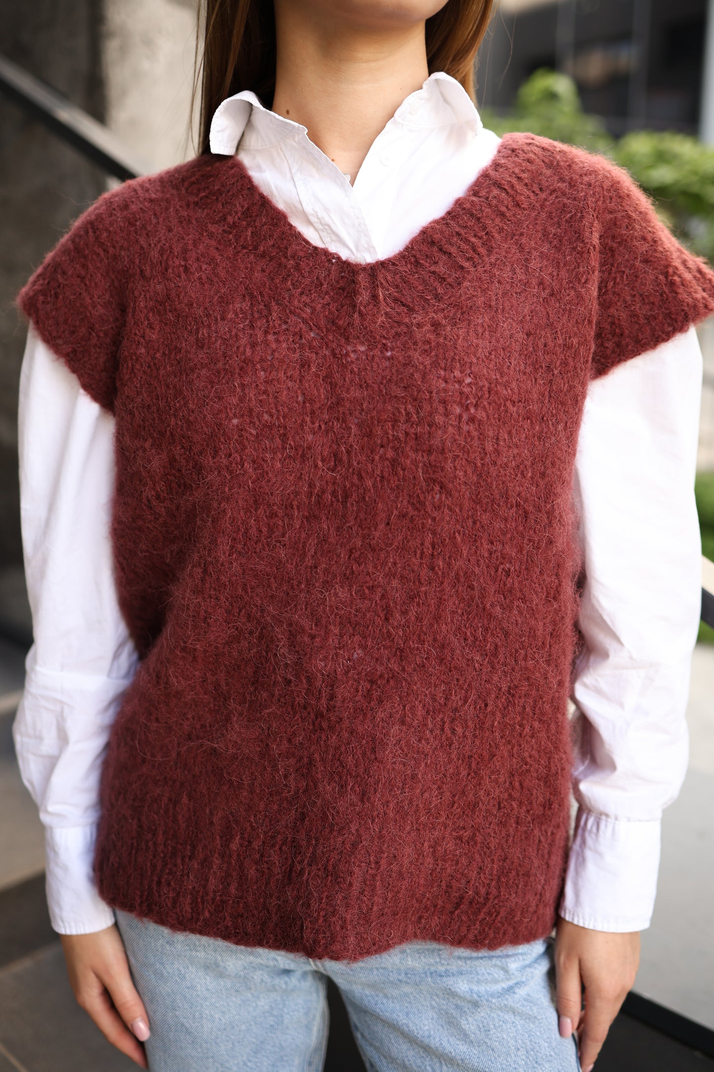 Women's Burgundy Handmade Alpaca Wool V-Neck Vest