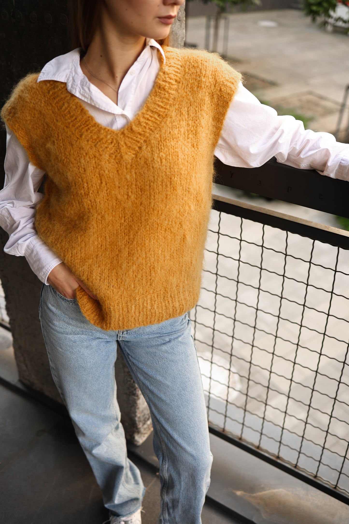 Women's Mustard Handmade Alpaca Wool V-Neck Vest