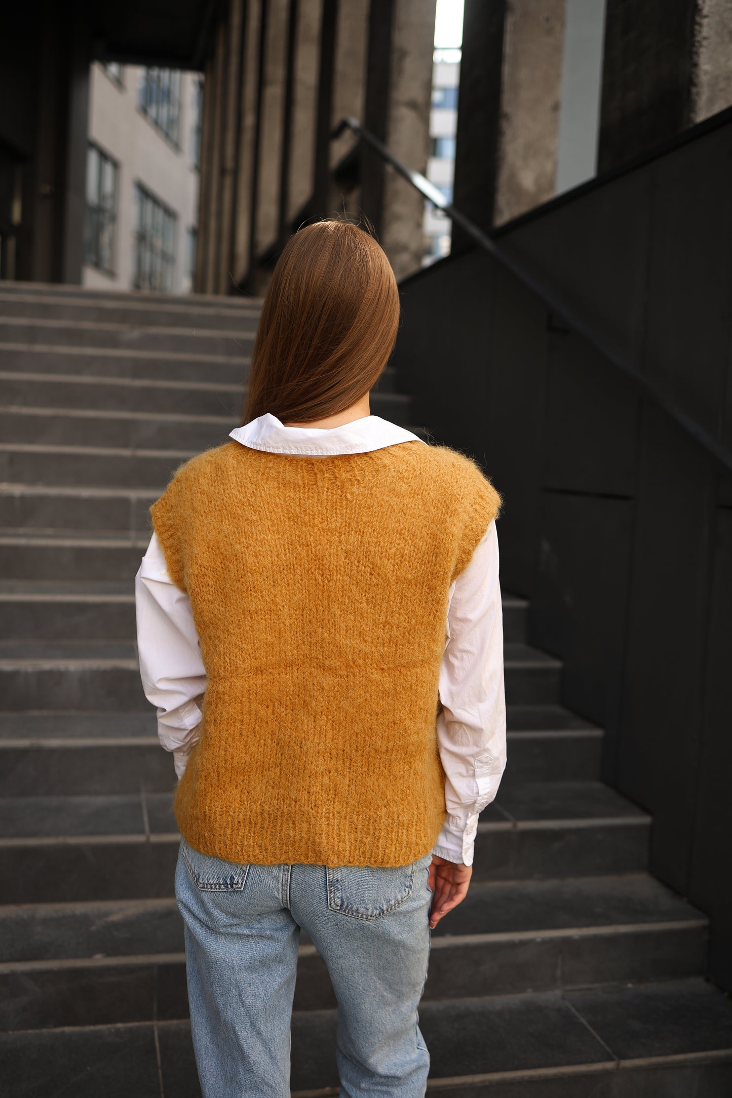 Women's Mustard Handmade Alpaca Wool V-Neck Vest