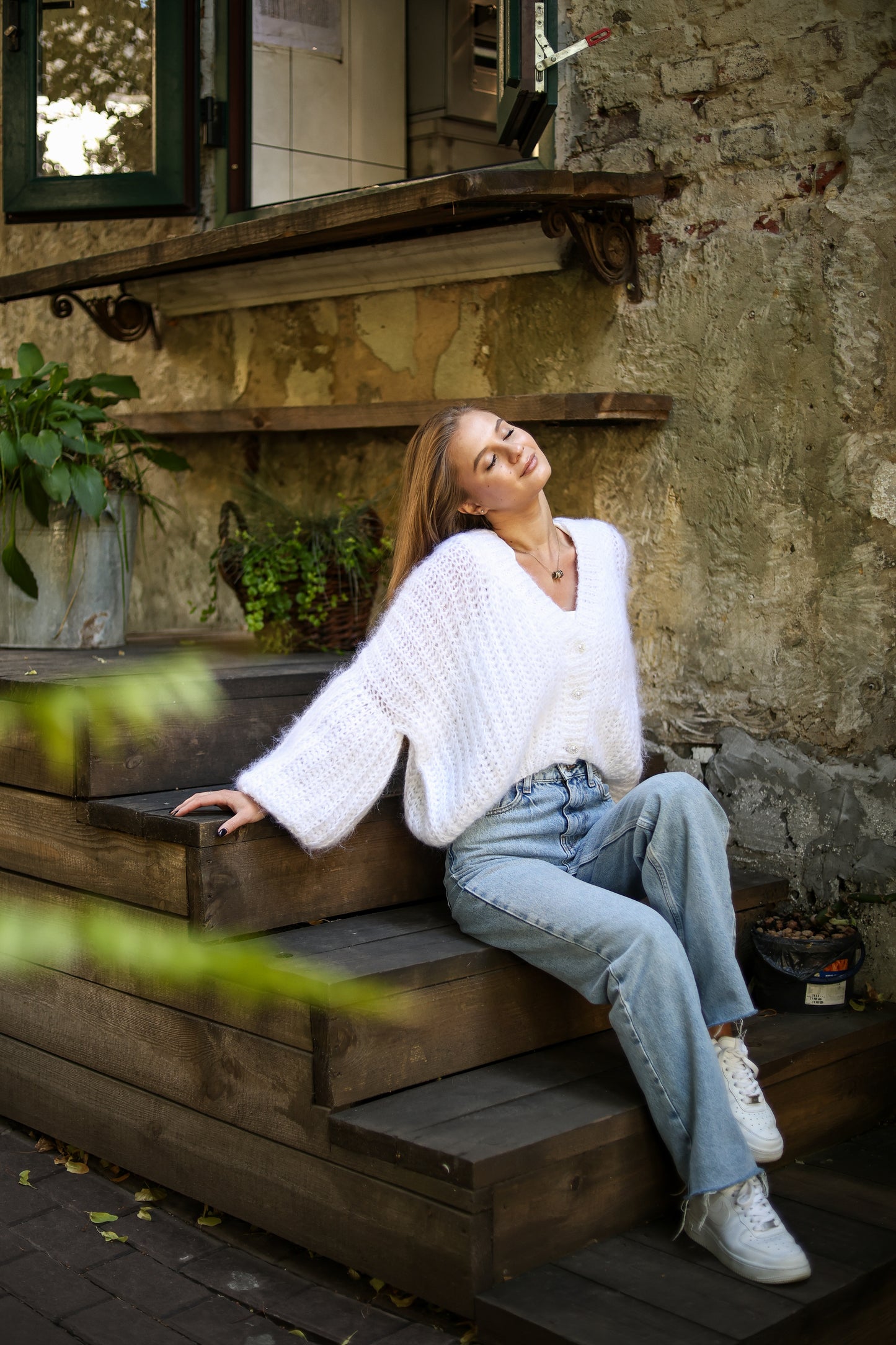 Elegant Handmade Women's White Mohair Cardigan