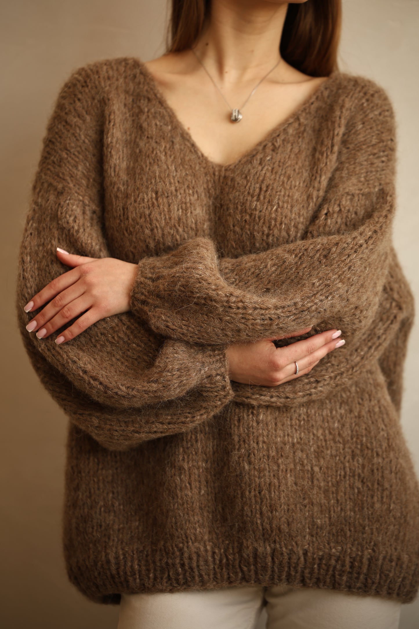 Handmade Alpaca Pullover With a Soft Earthy Tone and Elegant V-neckline
