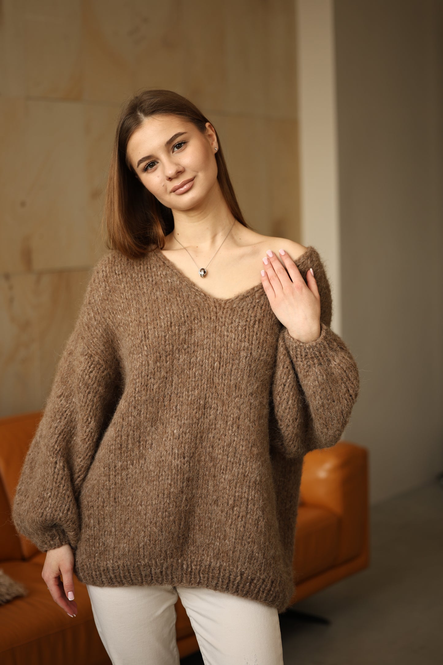 Handmade Alpaca Pullover With a Soft Earthy Tone and Elegant V-neckline