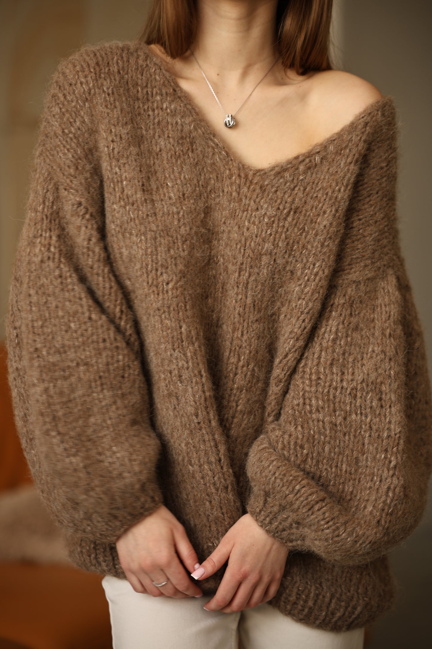 Handmade Alpaca Pullover With a Soft Earthy Tone and Elegant V-neckline