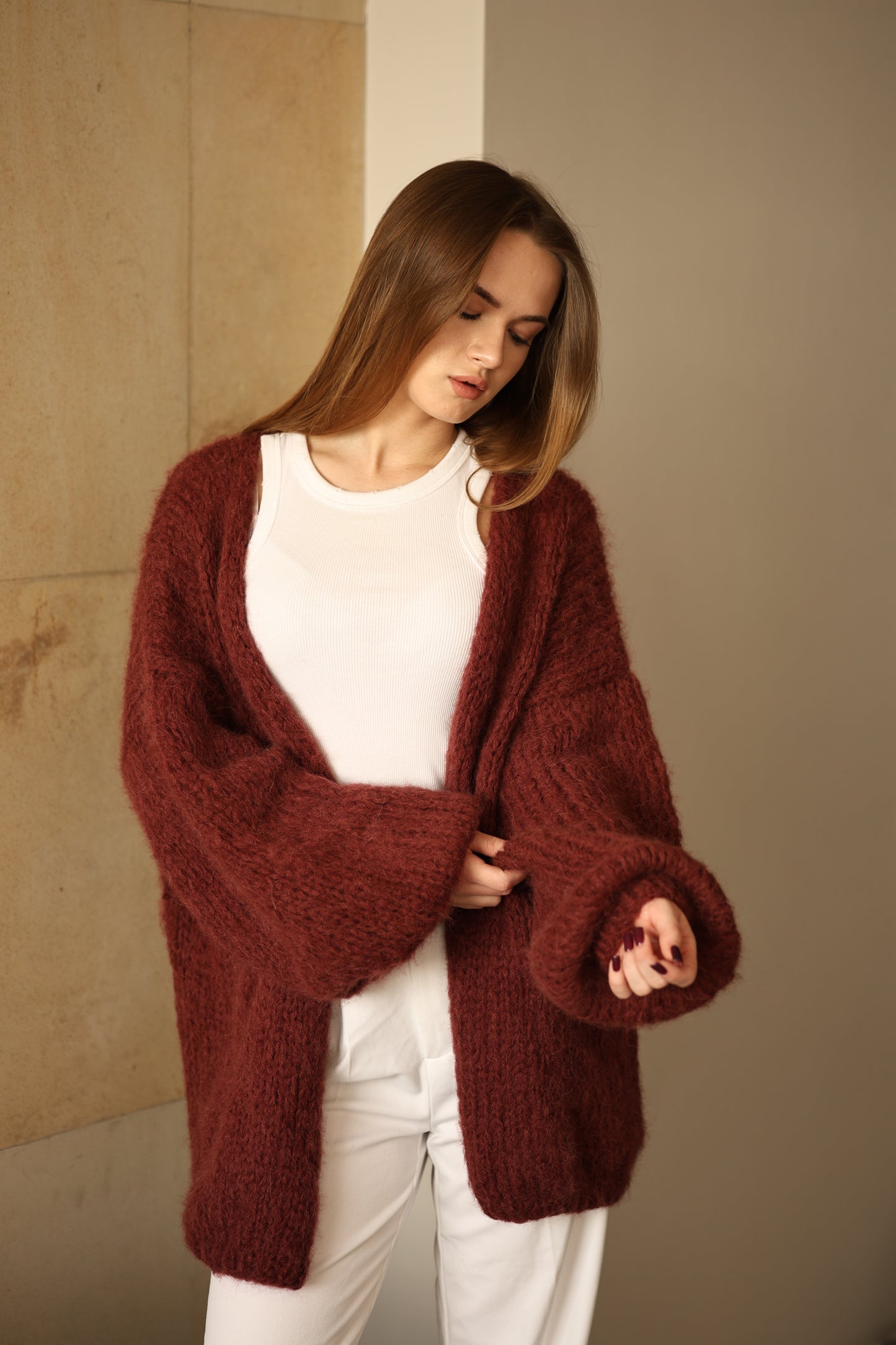 Handmade Oversized Alpaca Wool Cardigan in Terracotta Red
