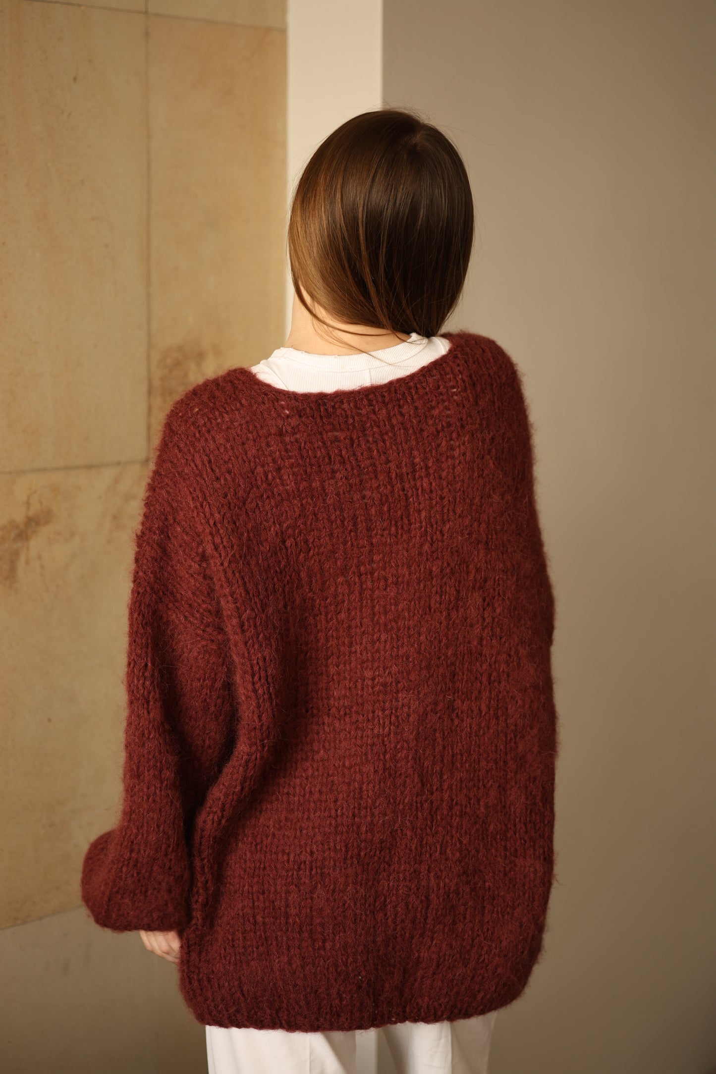 Handmade Oversized Alpaca Wool Cardigan in Terracotta Red