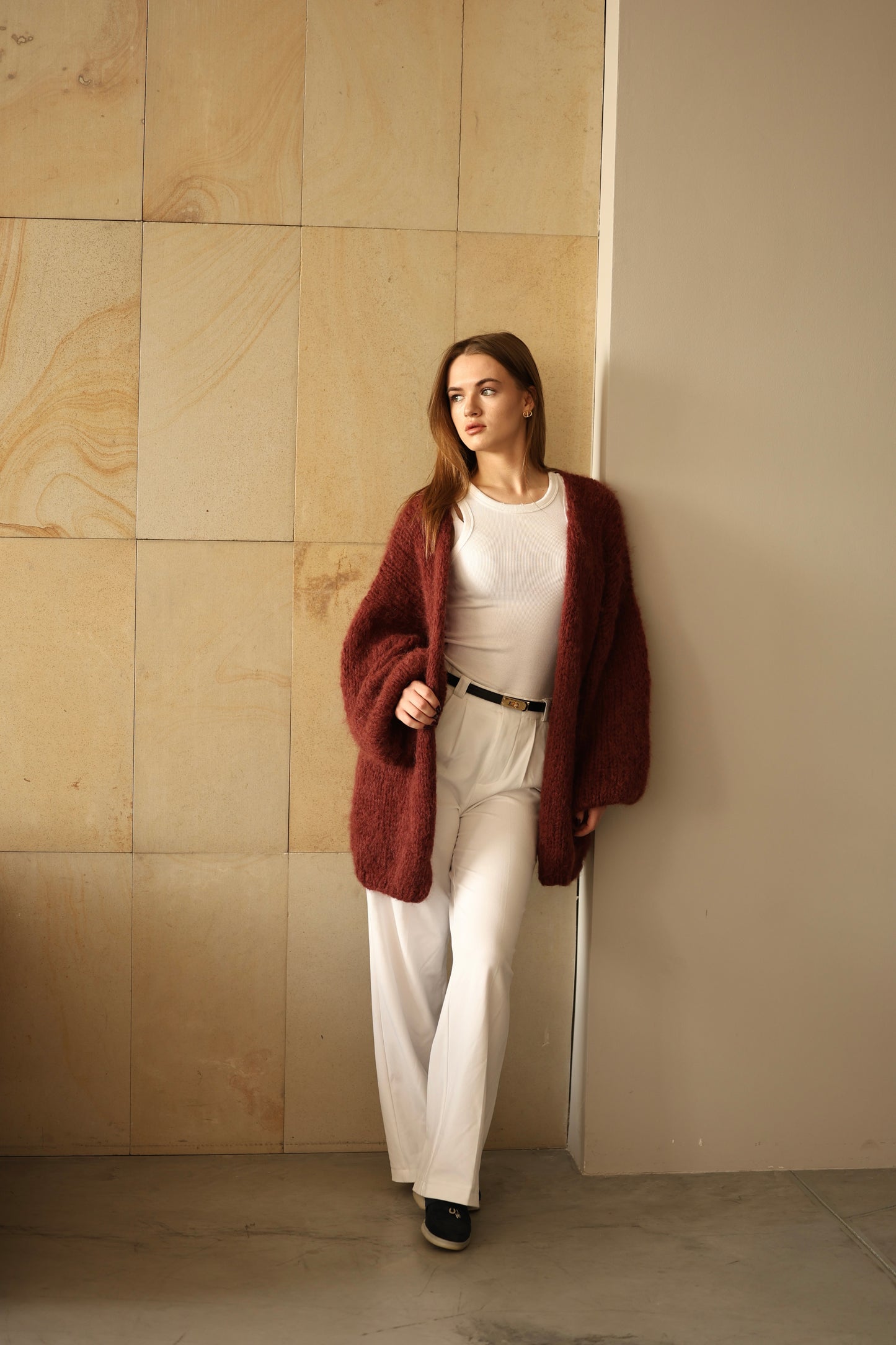 Handmade Oversized Alpaca Wool Cardigan in Terracotta Red