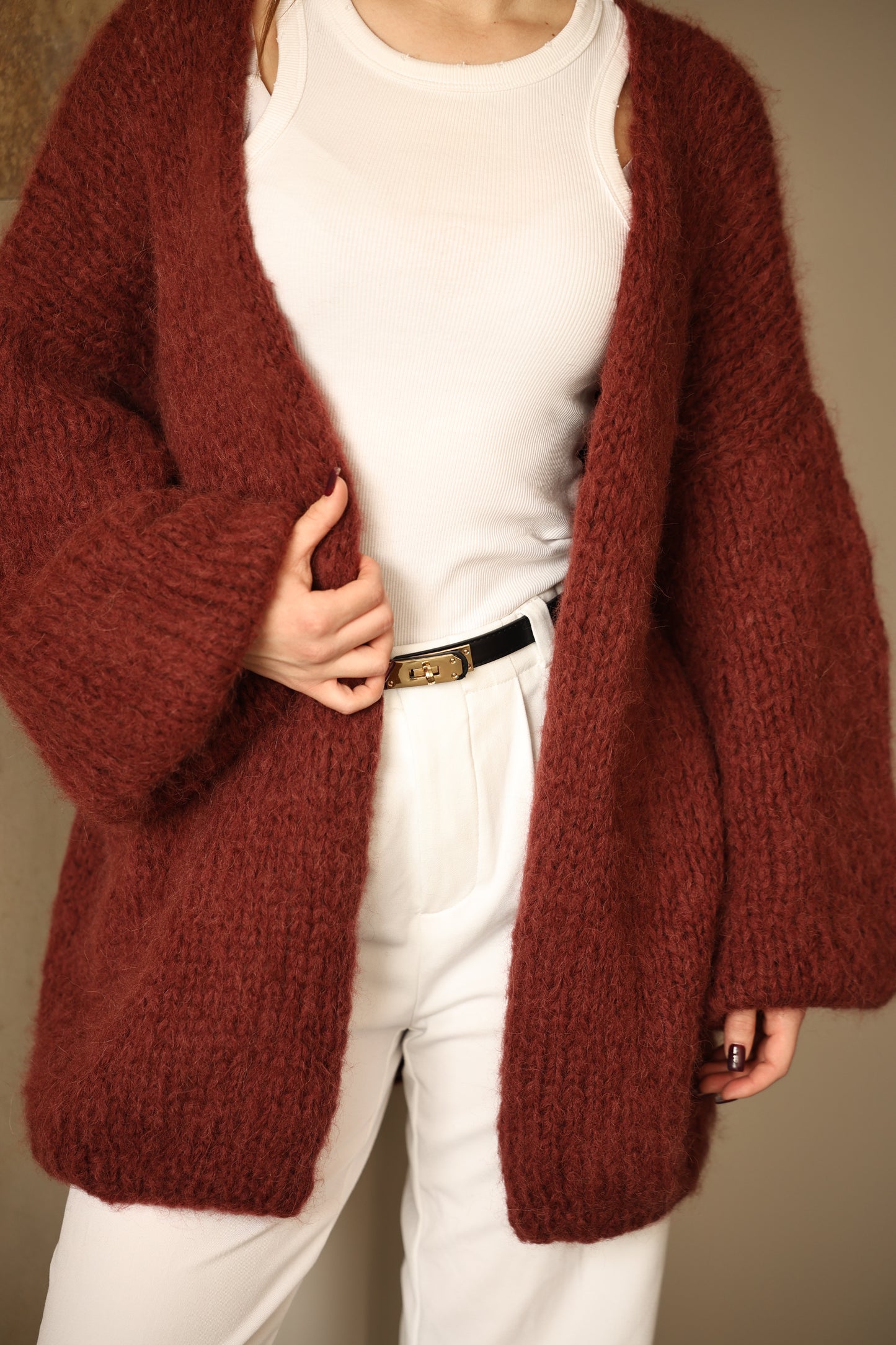 Handmade Oversized Alpaca Wool Cardigan in Terracotta Red