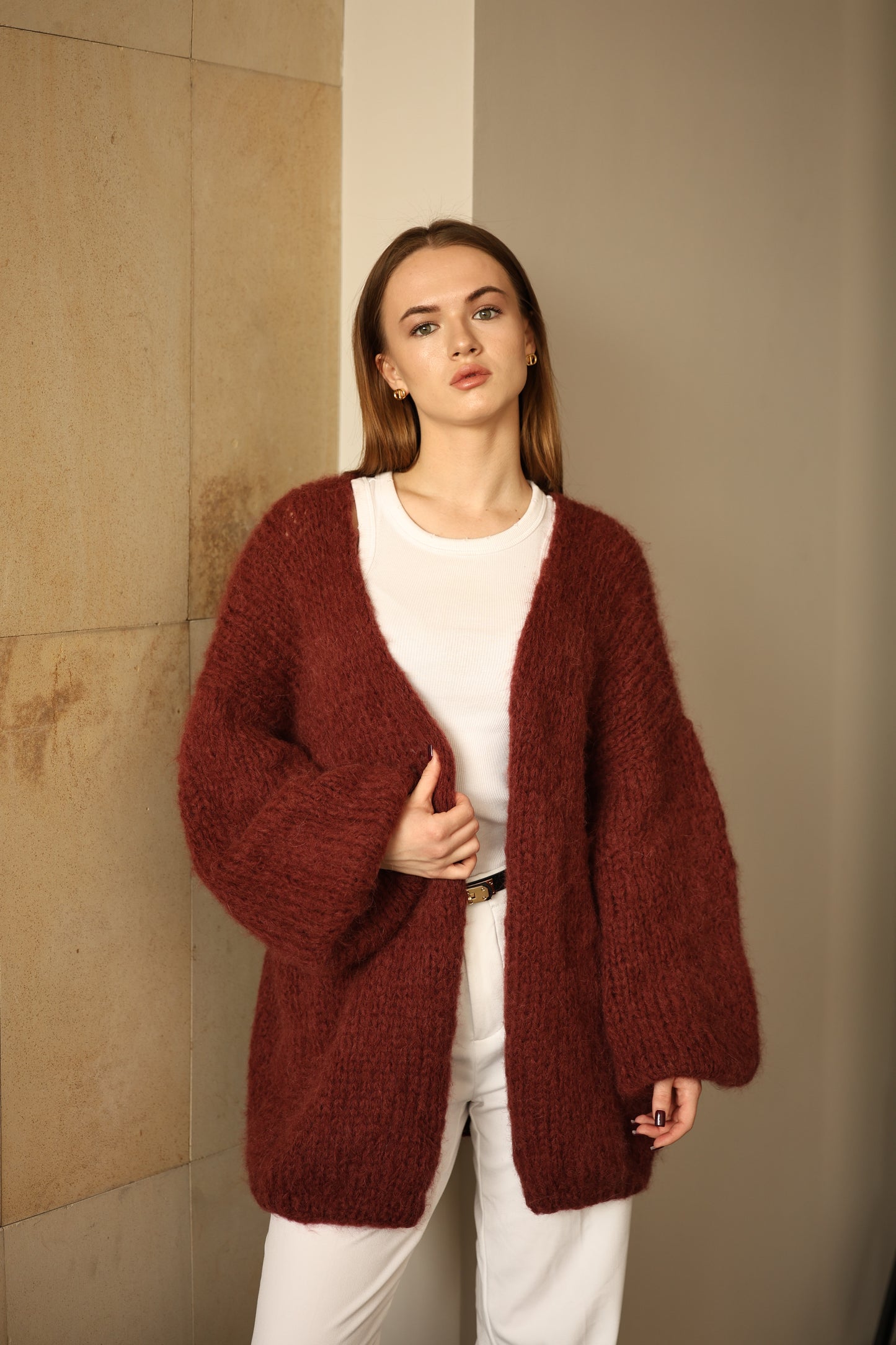 Handmade Oversized Alpaca Wool Cardigan in Terracotta Red