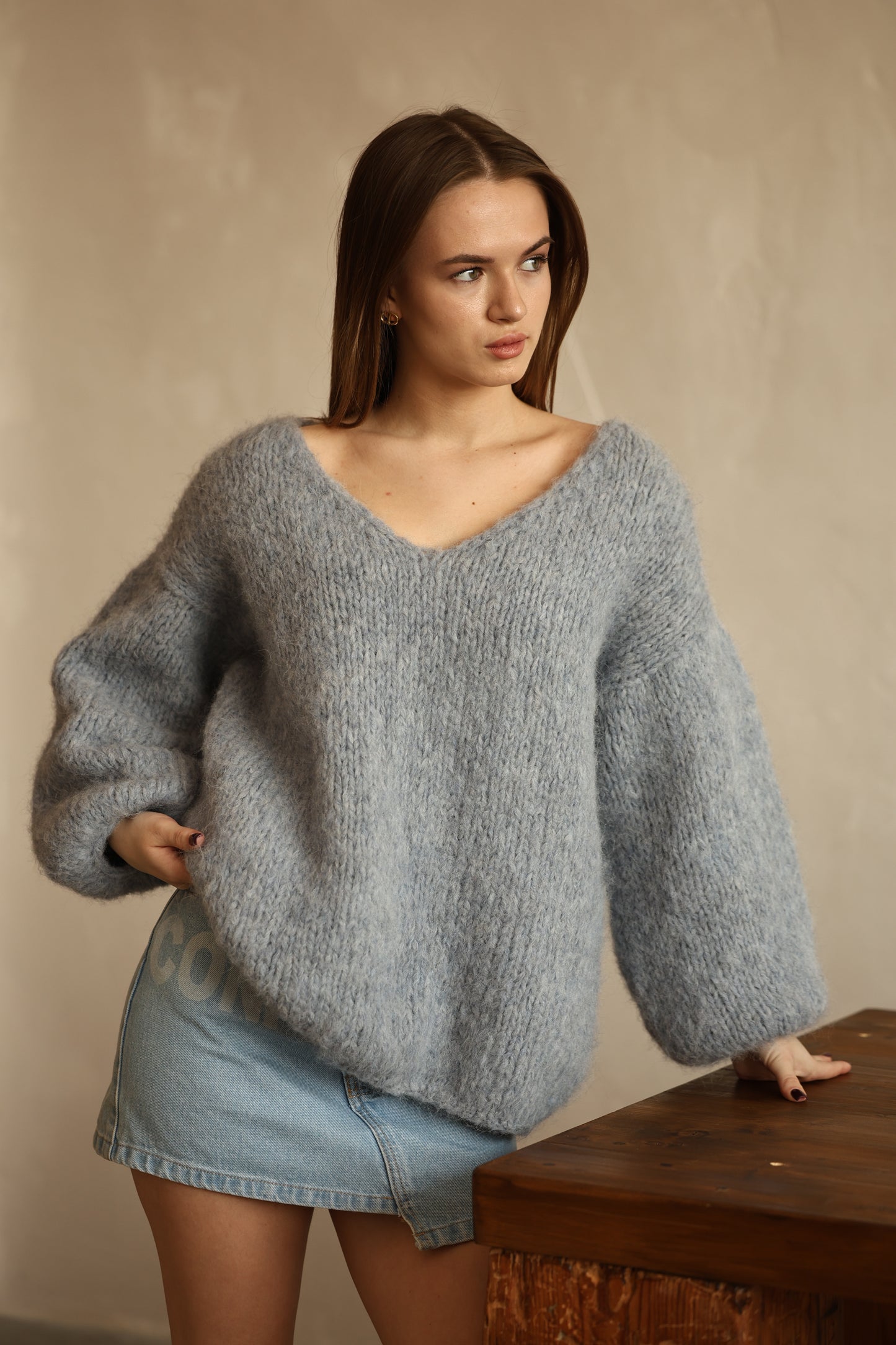 Luxurious Handmade Women’s Oversized V-Neck Sweater in Cloud Blue
