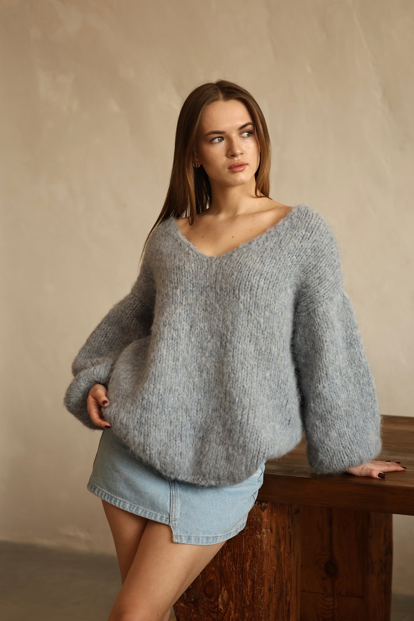Luxurious Handmade Women’s Oversized V-Neck Sweater in Cloud Blue