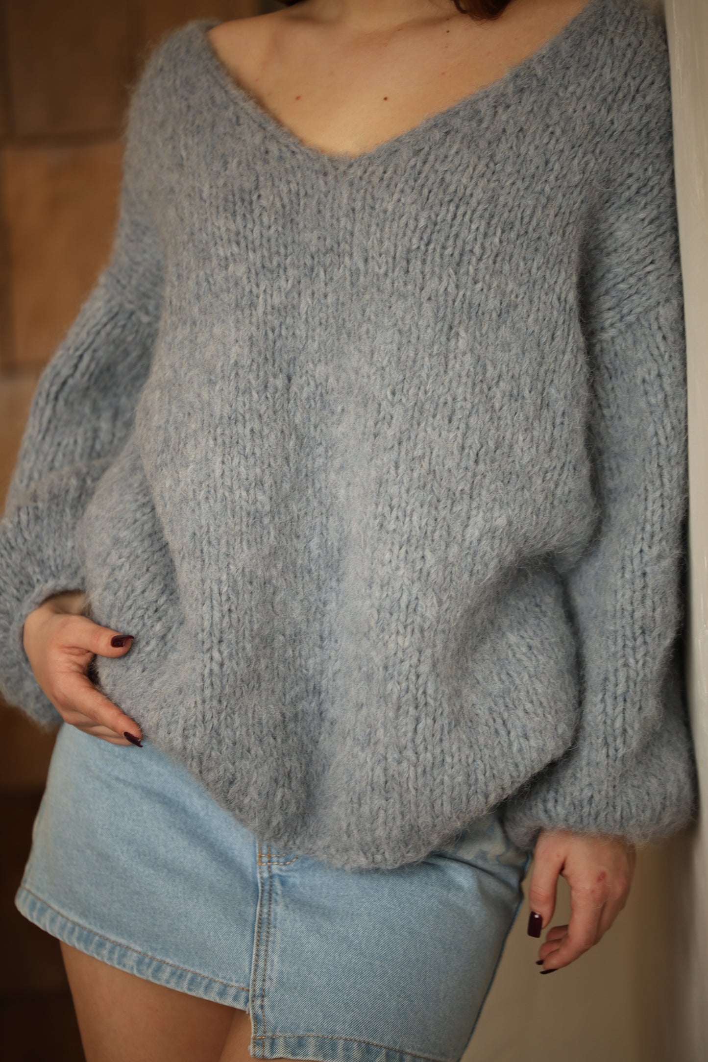 Luxurious Handmade Women’s Oversized V-Neck Sweater in Cloud Blue