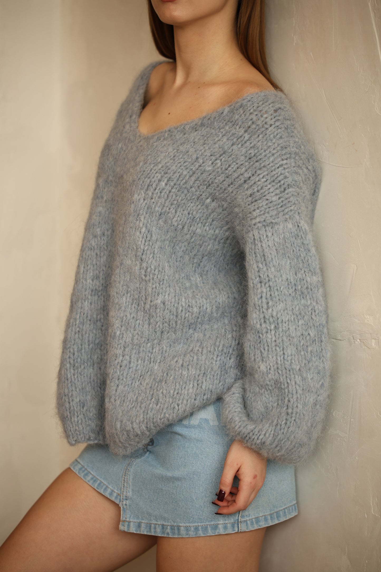 Luxurious Handmade Women’s Oversized V-Neck Sweater in Cloud Blue