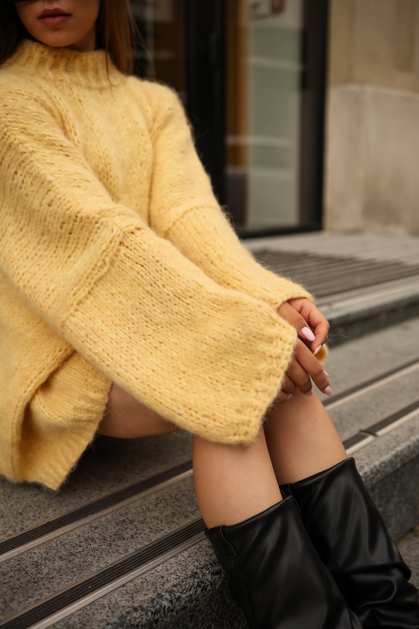 Chic Yellow Hand-Knitted Oversized Balloon Sleeve Sweater