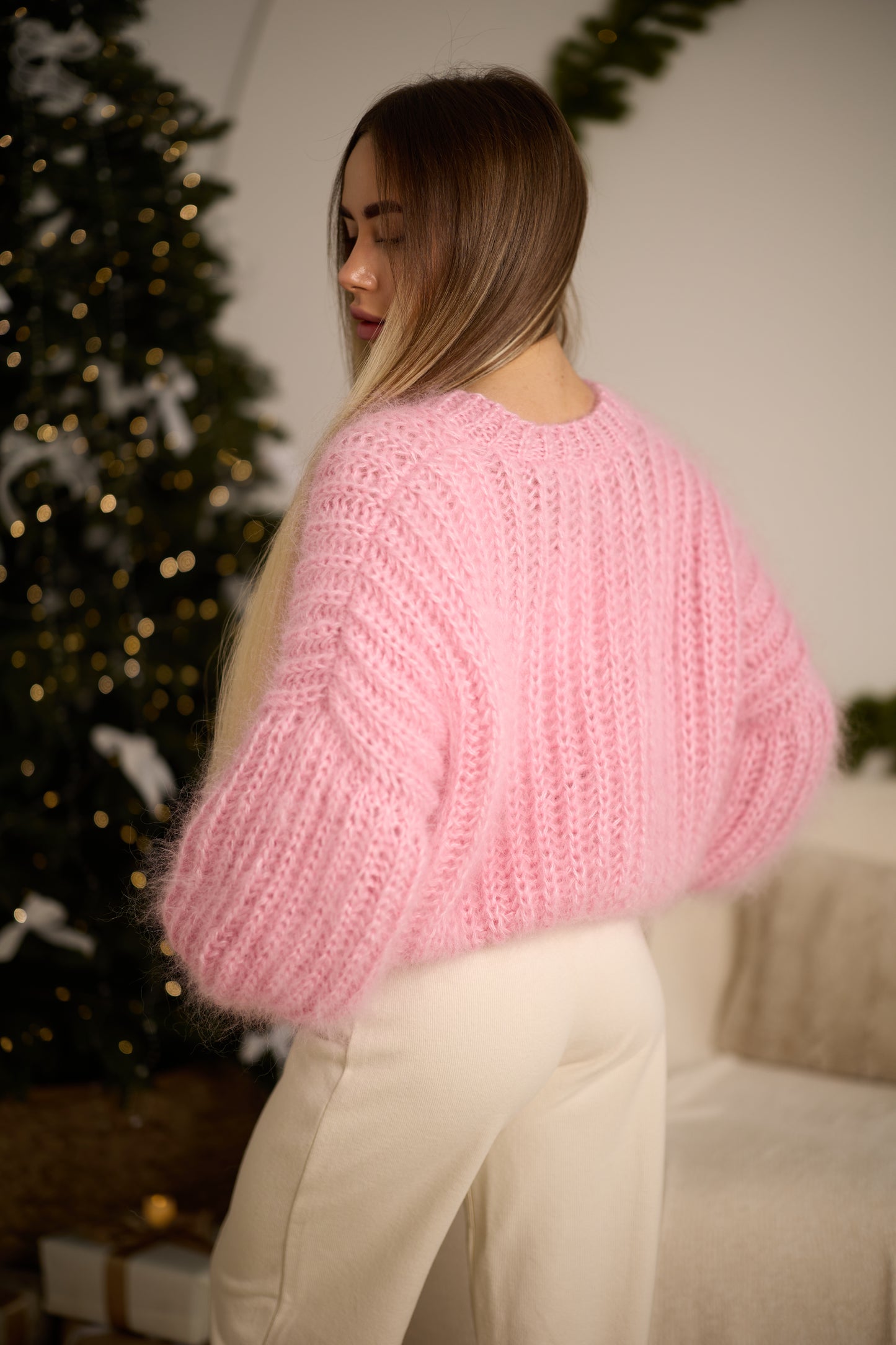 Elegant Handmade Women's Rose Mohair Cardigan