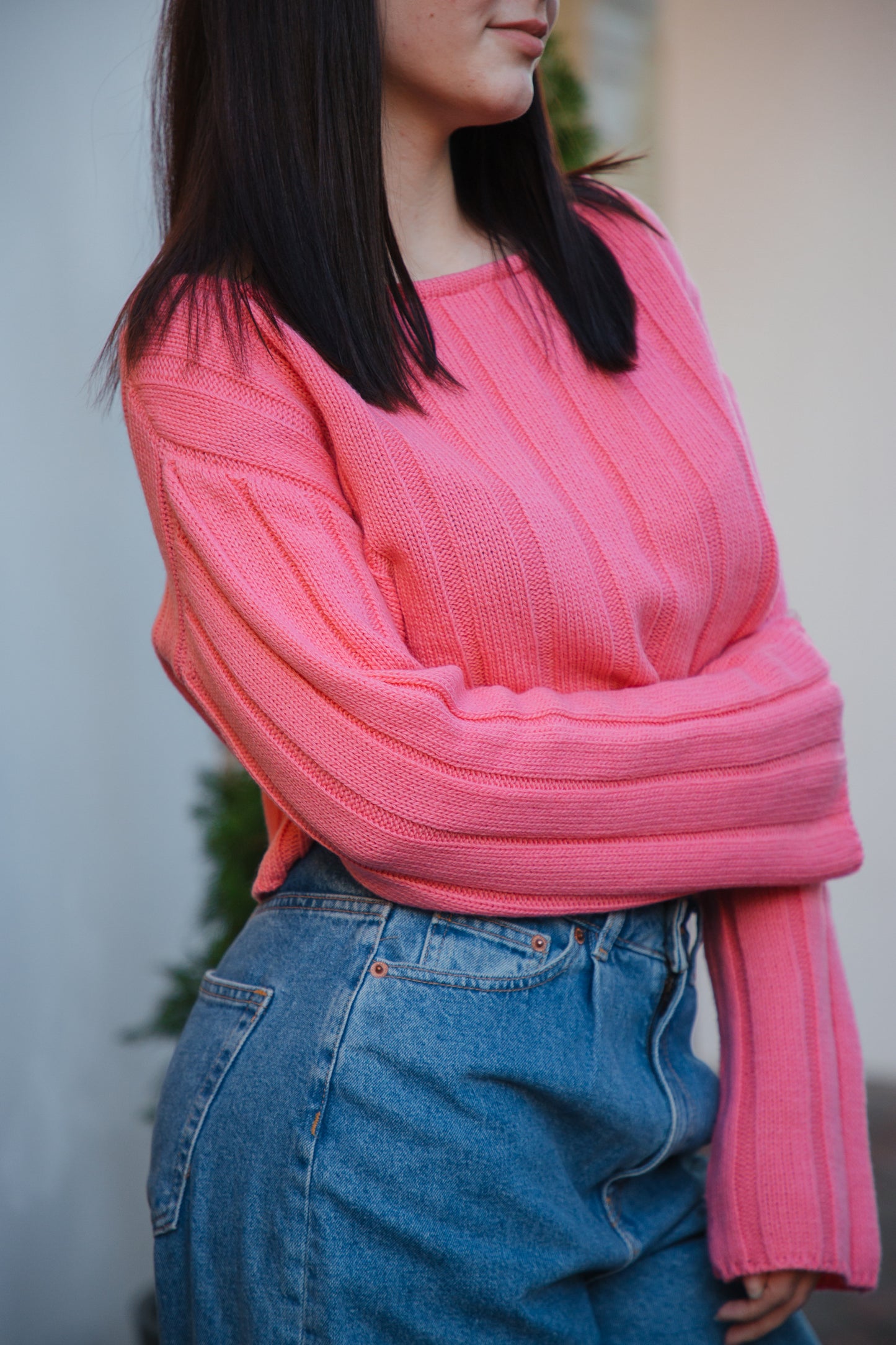 Elegant Cropped Handmade Sweater, Merino Wool and Cashmere Blend