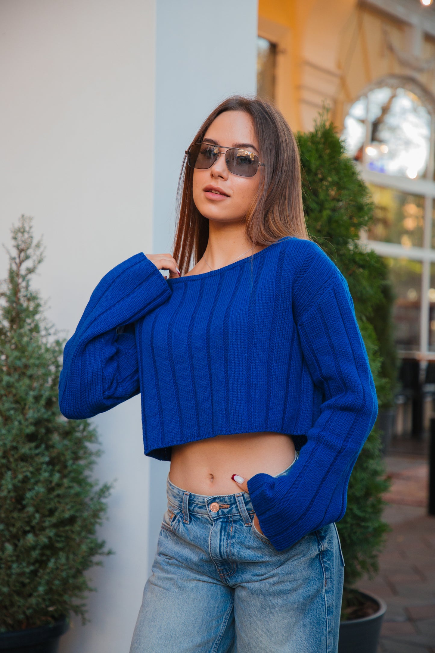 Elegant Cropped Handmade Sweater, Merino Wool and Cashmere Blend