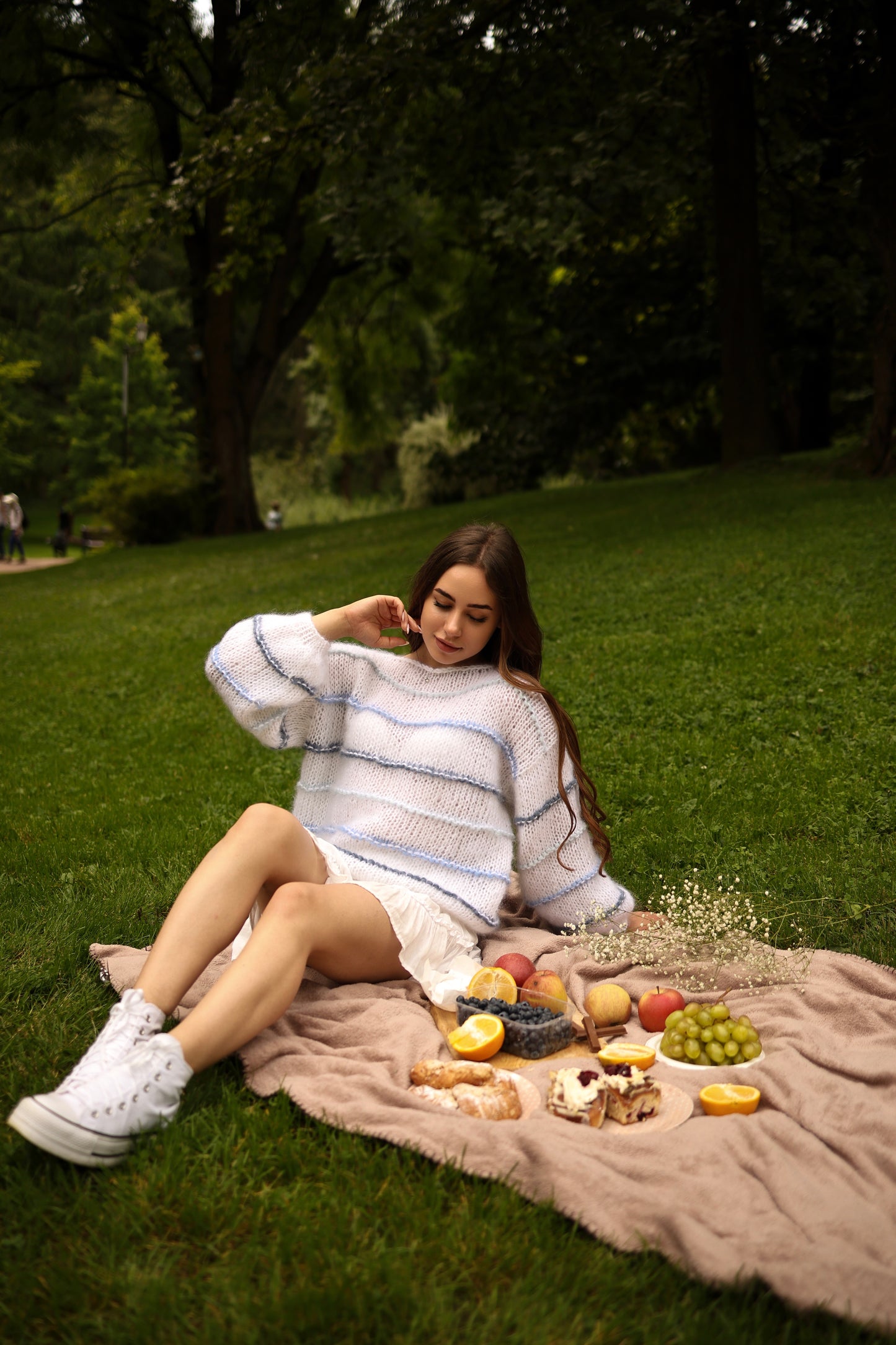 Elegant Women's Striped Silk Mohair Knit Sweater