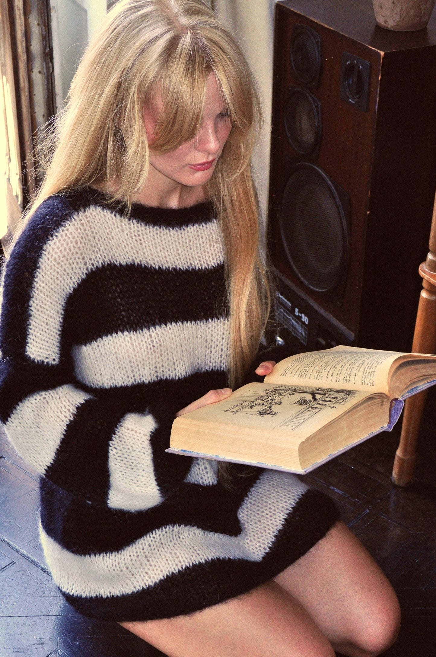 Handmade Oversized Black & White Striped Mohair Pullover