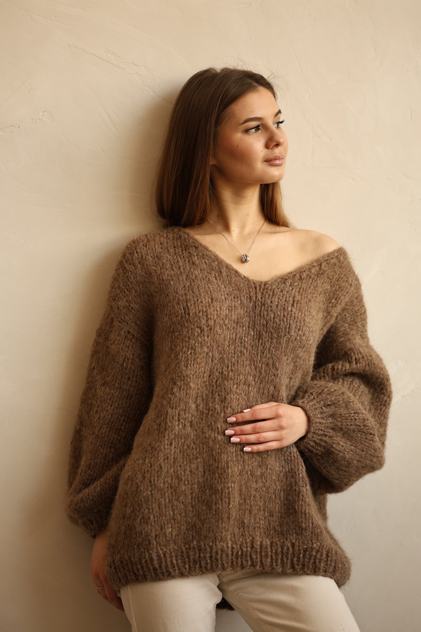 Handmade Alpaca Pullover With a Soft Earthy Tone and Elegant V-neckline