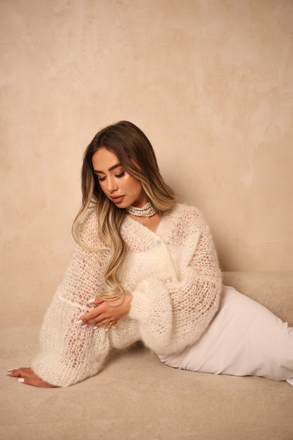 Handmade Women’s Luxurious White Mohair Cardigan