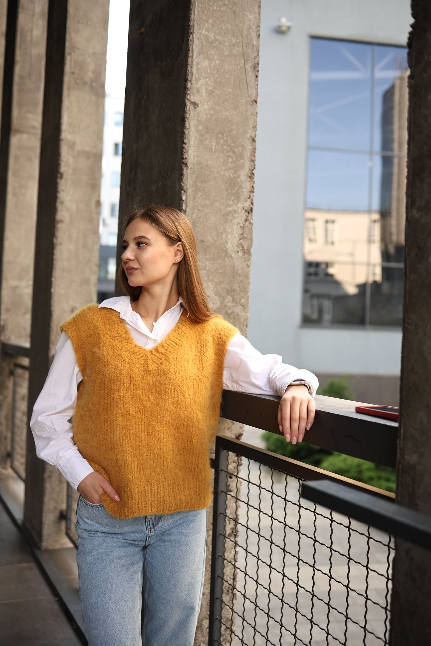 Women's Mustard Handmade Alpaca Wool V-Neck Vest