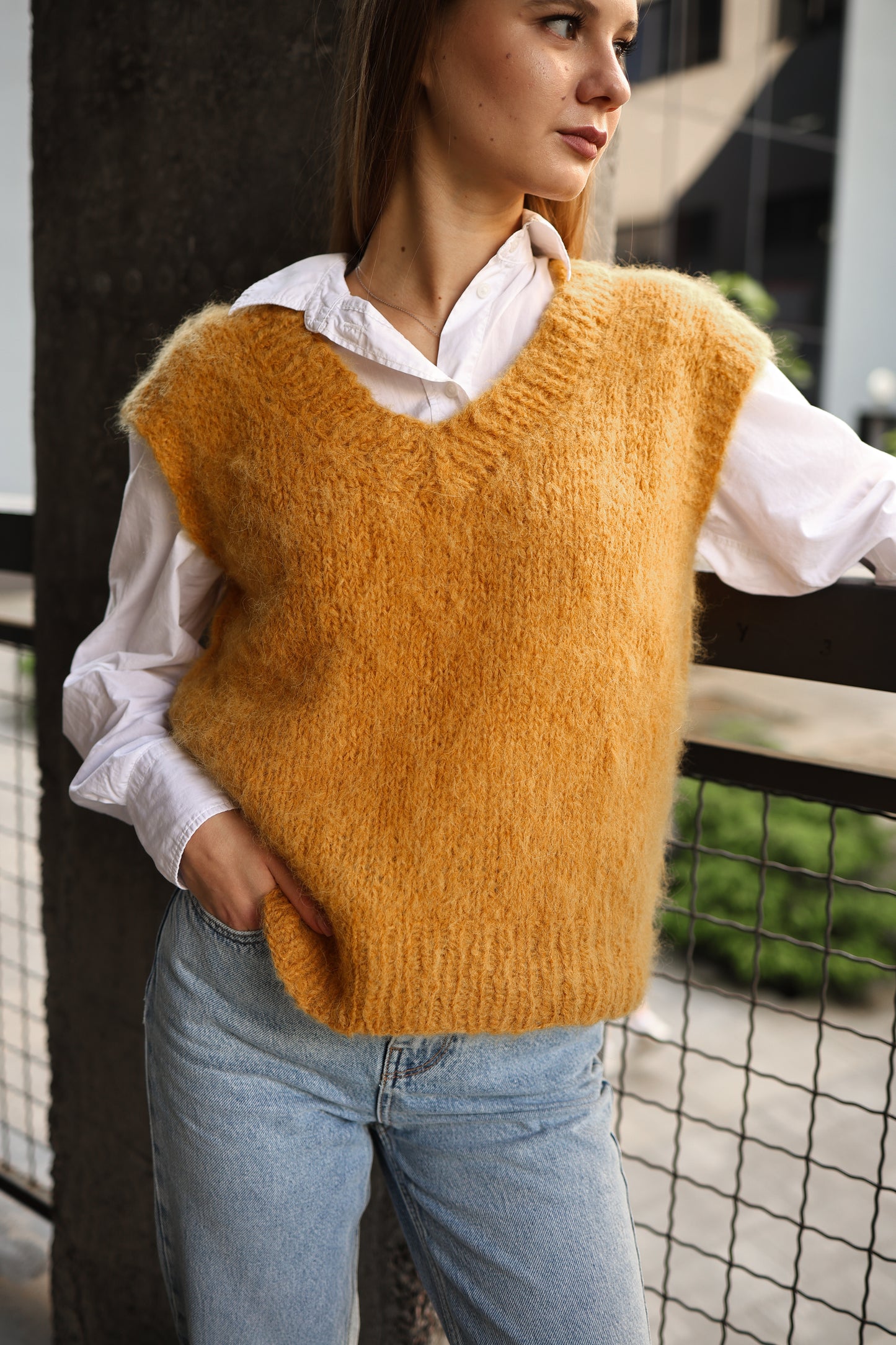 Women's Mustard Handmade Alpaca Wool V-Neck Vest