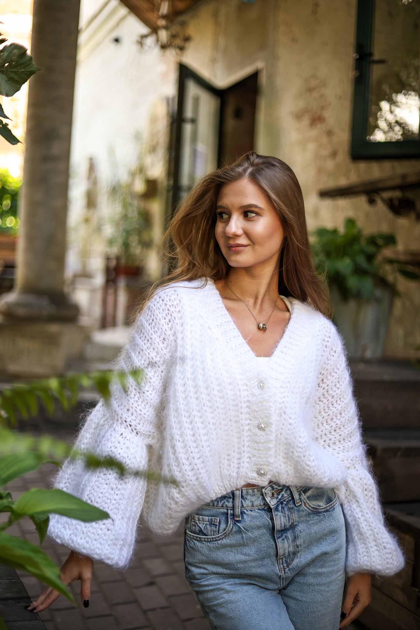 Elegant Handmade Women's White Mohair Cardigan