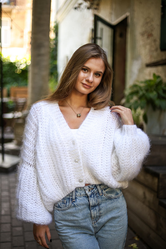 Elegant Handmade Women's White Mohair Cardigan