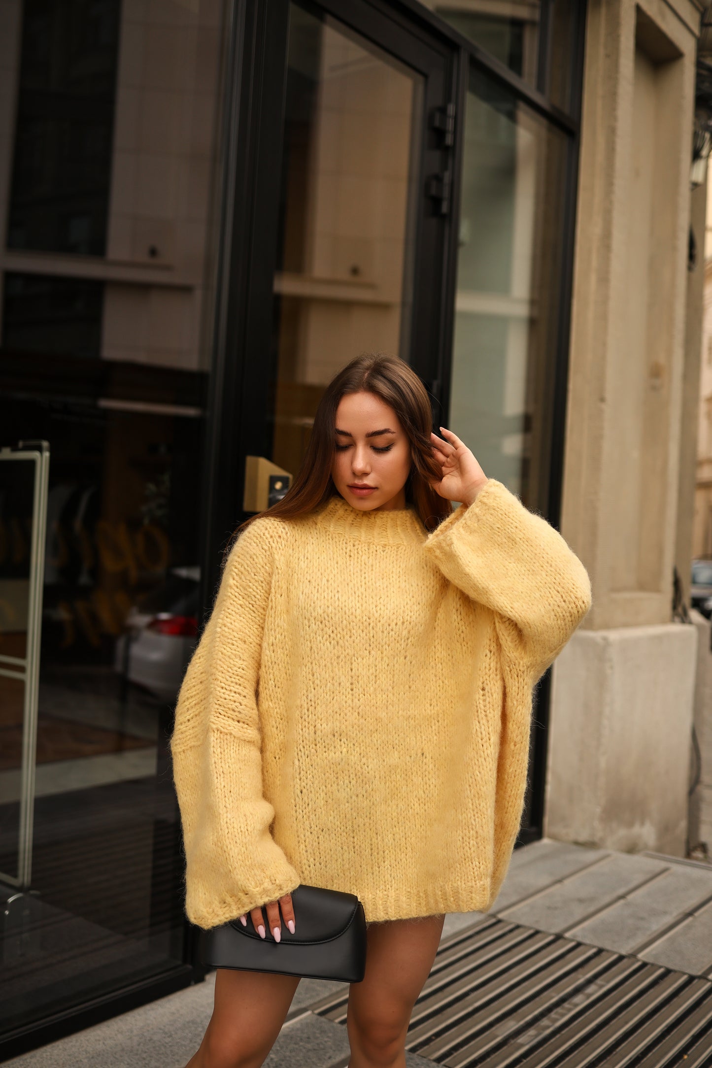 Chic Yellow Hand-Knitted Oversized Balloon Sleeve Sweater