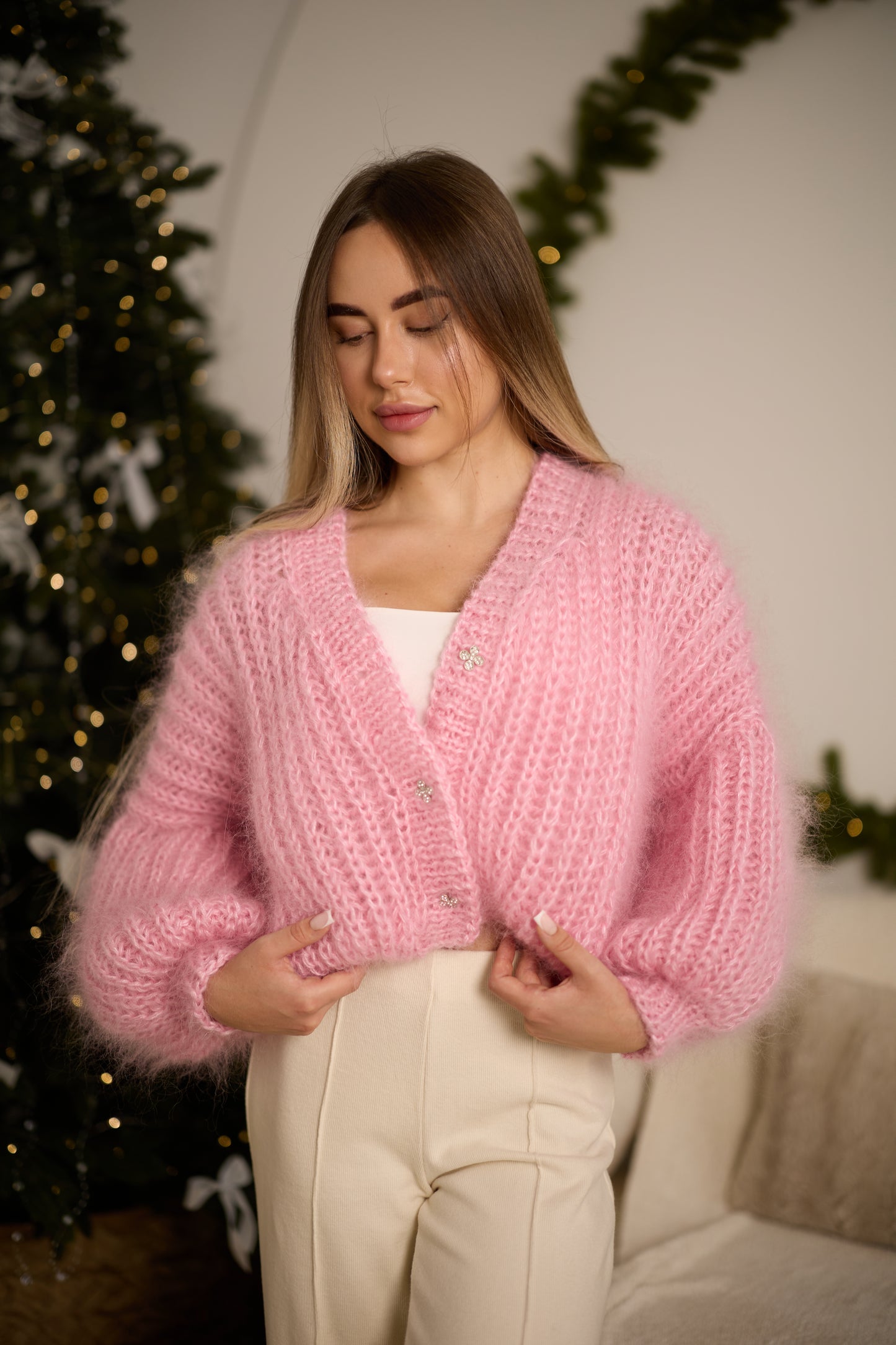Elegant Handmade Women's Rose Mohair Cardigan