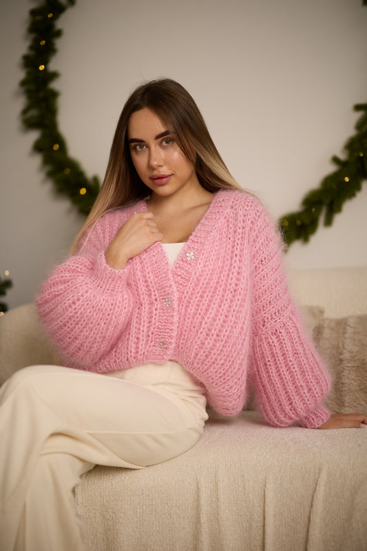 Elegant Handmade Women's Rose Mohair Cardigan
