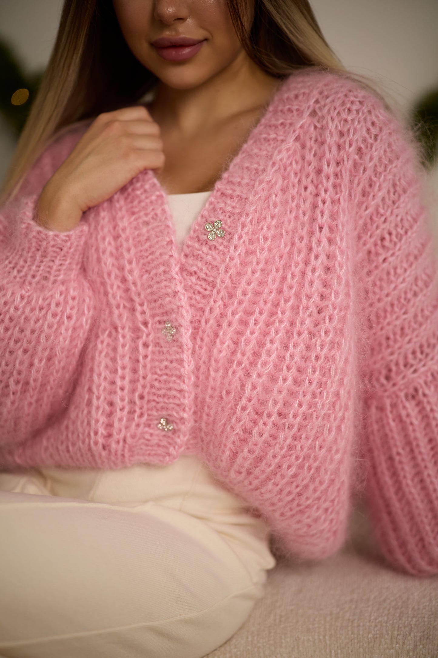 Elegant Handmade Women's Rose Mohair Cardigan