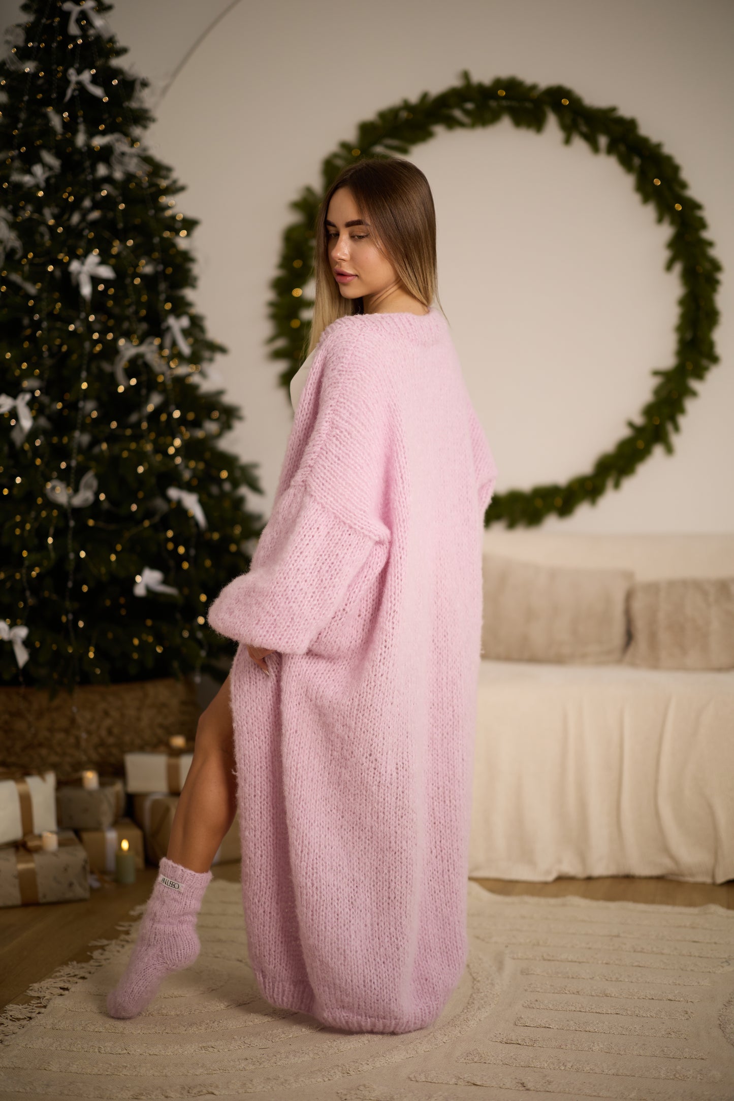 Women's Handmade Chic Long Rose Alpaca Silk Cardigan