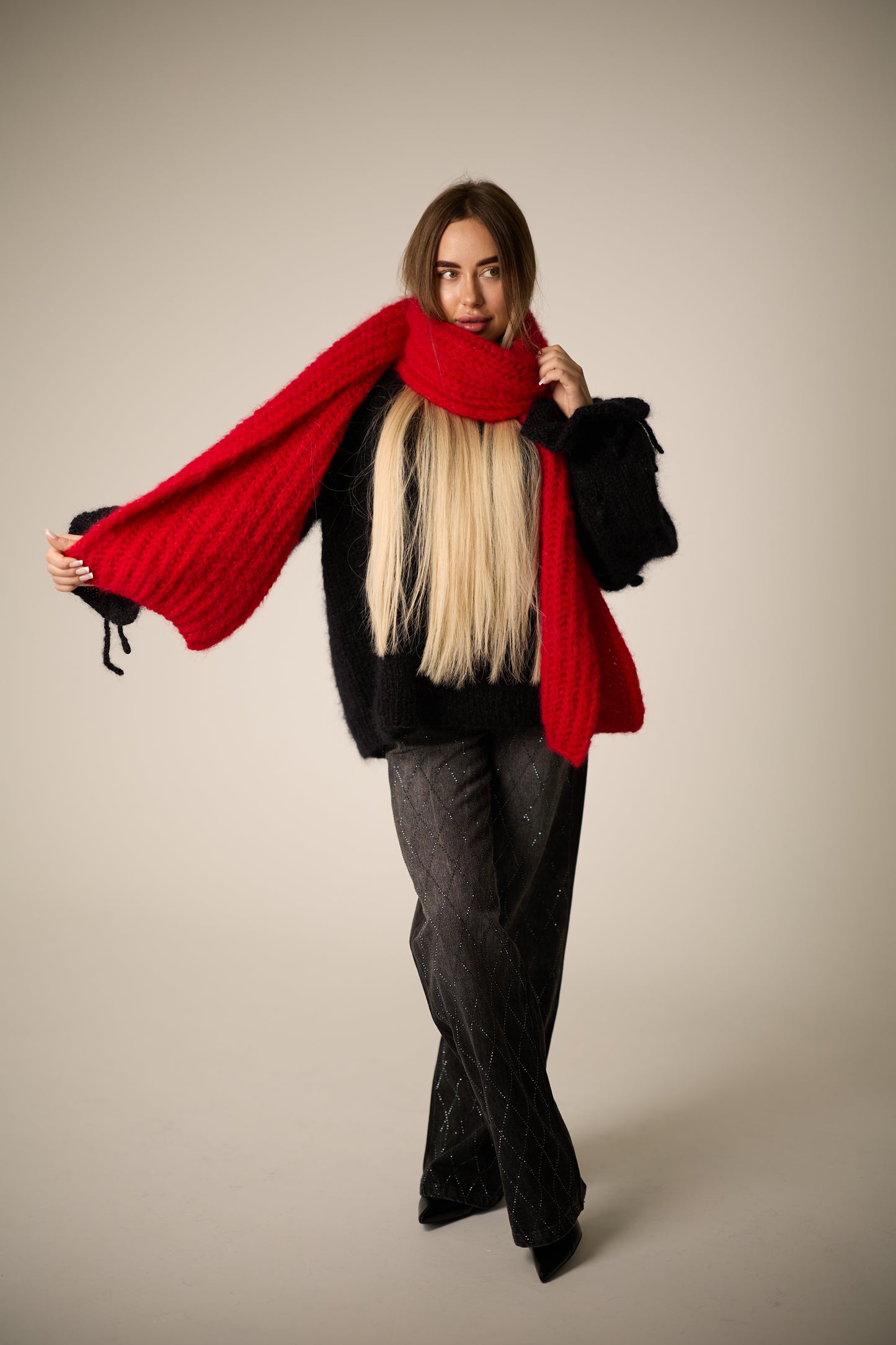 Handmade Red Alpaca Wool Winter Scarf