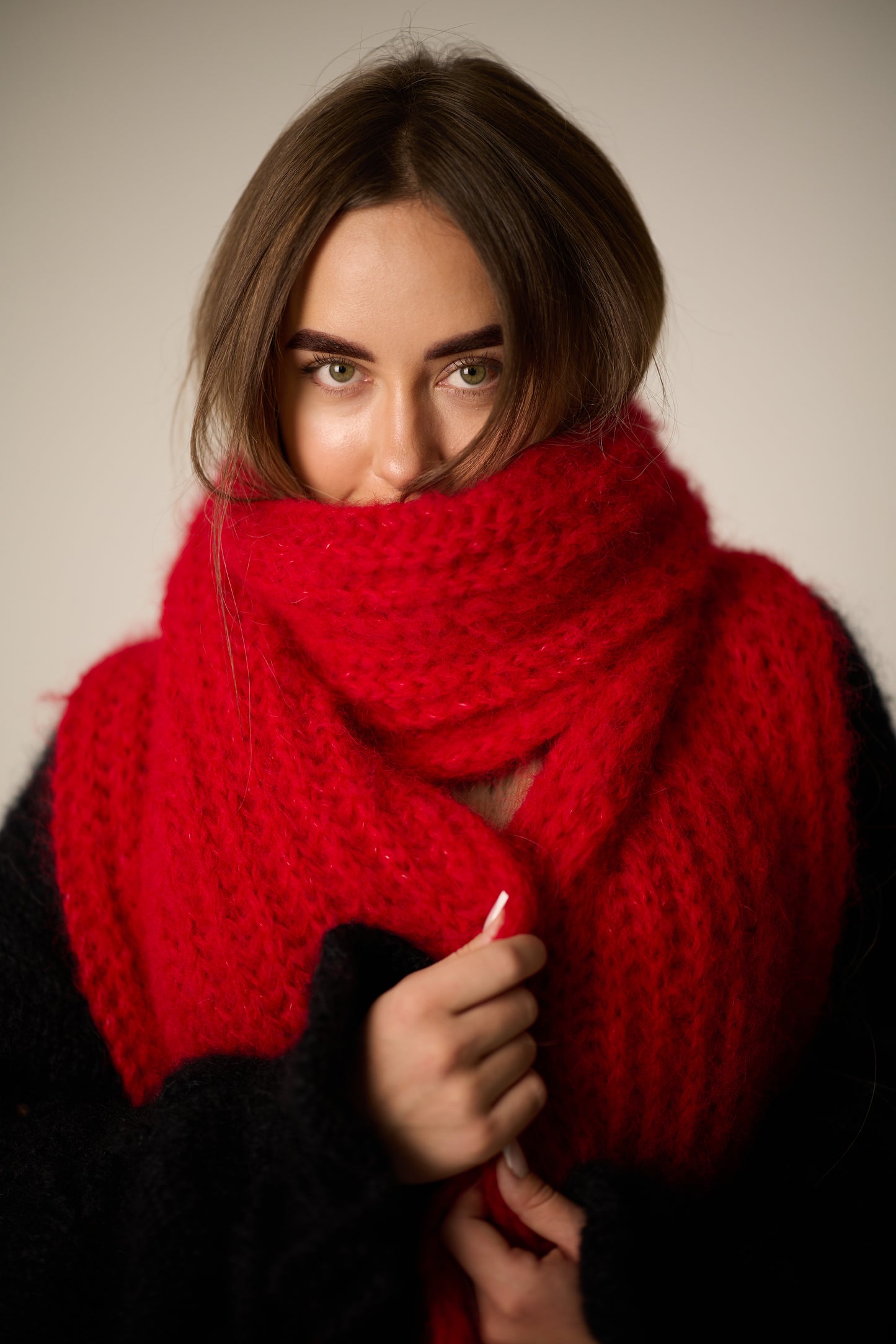 Handmade Red Alpaca Wool Winter Scarf