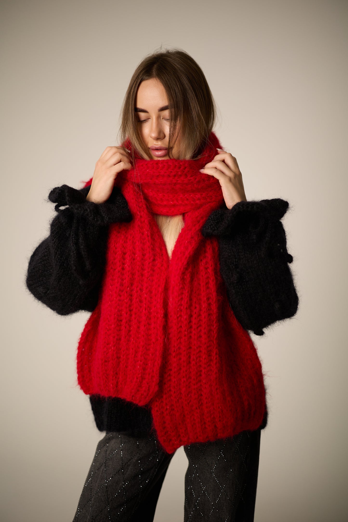 Handmade Red Alpaca Wool Winter Scarf