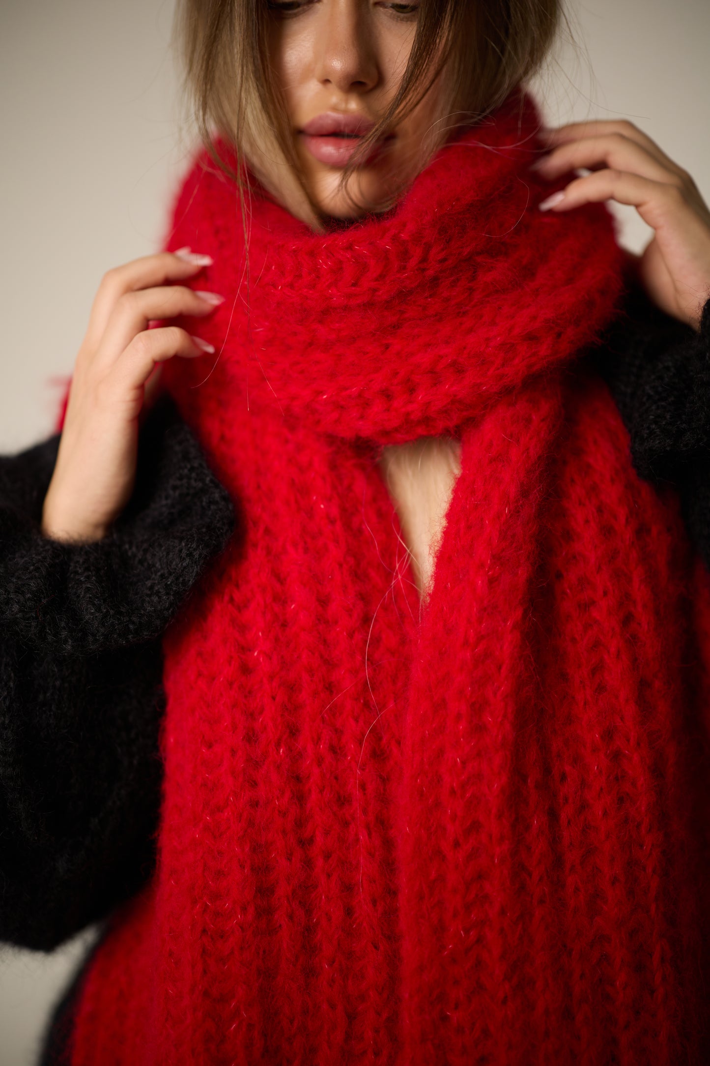 Handmade Red Alpaca Wool Winter Scarf