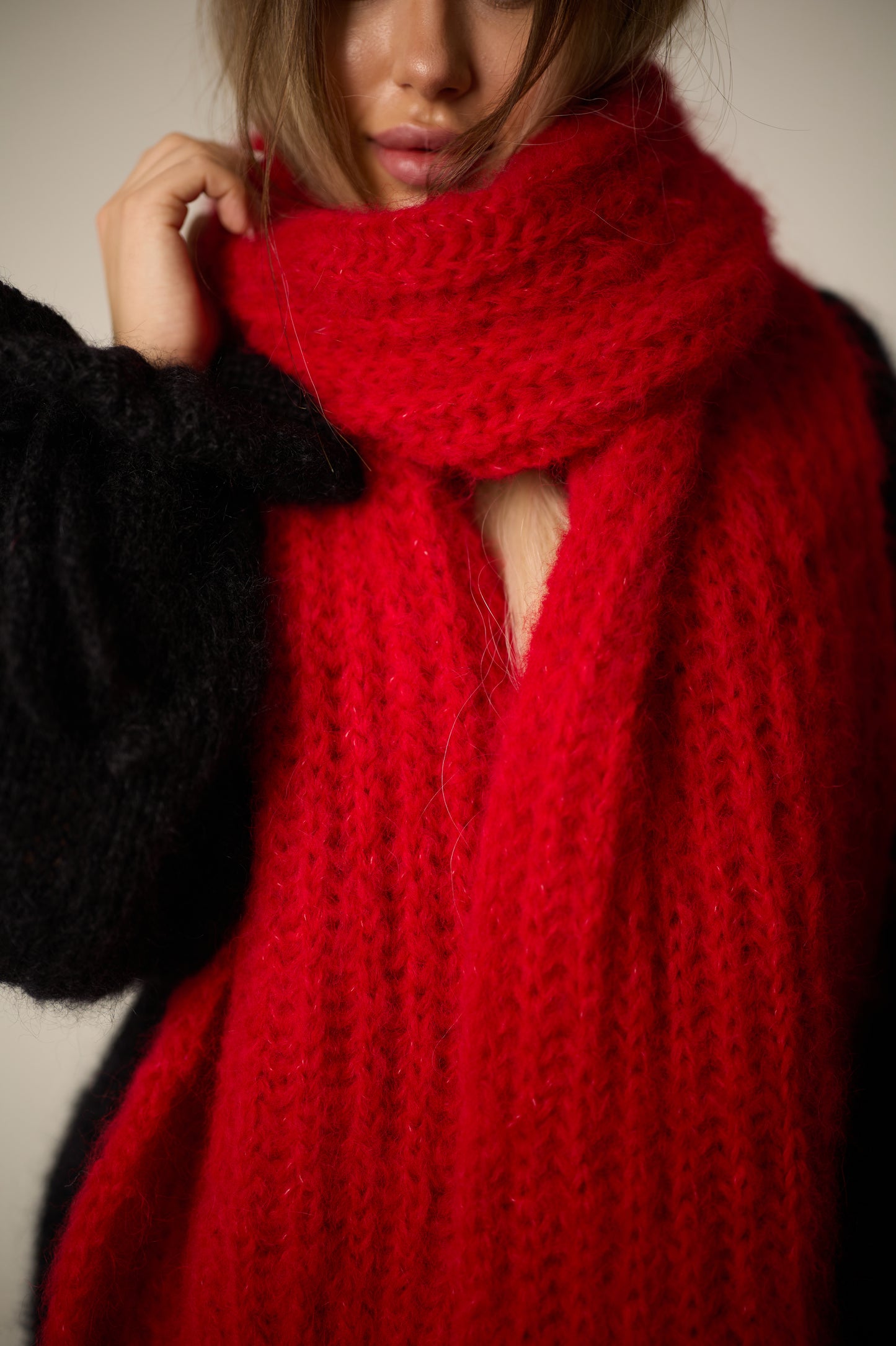 Handmade Red Alpaca Wool Winter Scarf