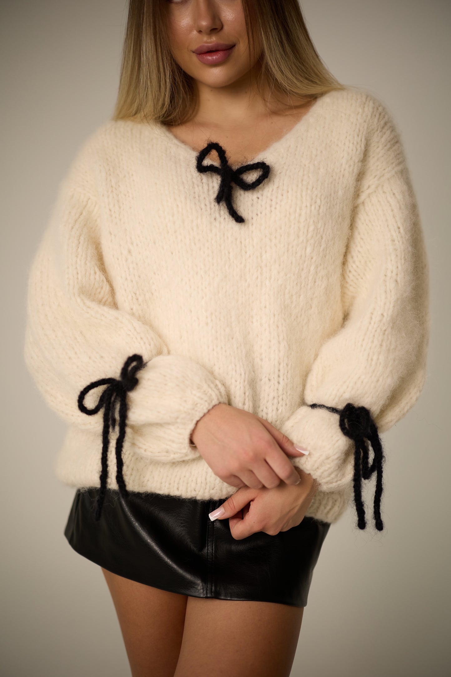Handmade Cream Alpaca Wool Sweater with Bows