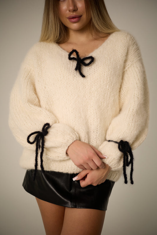 Handmade Cream Alpaca Wool Sweater with Bows