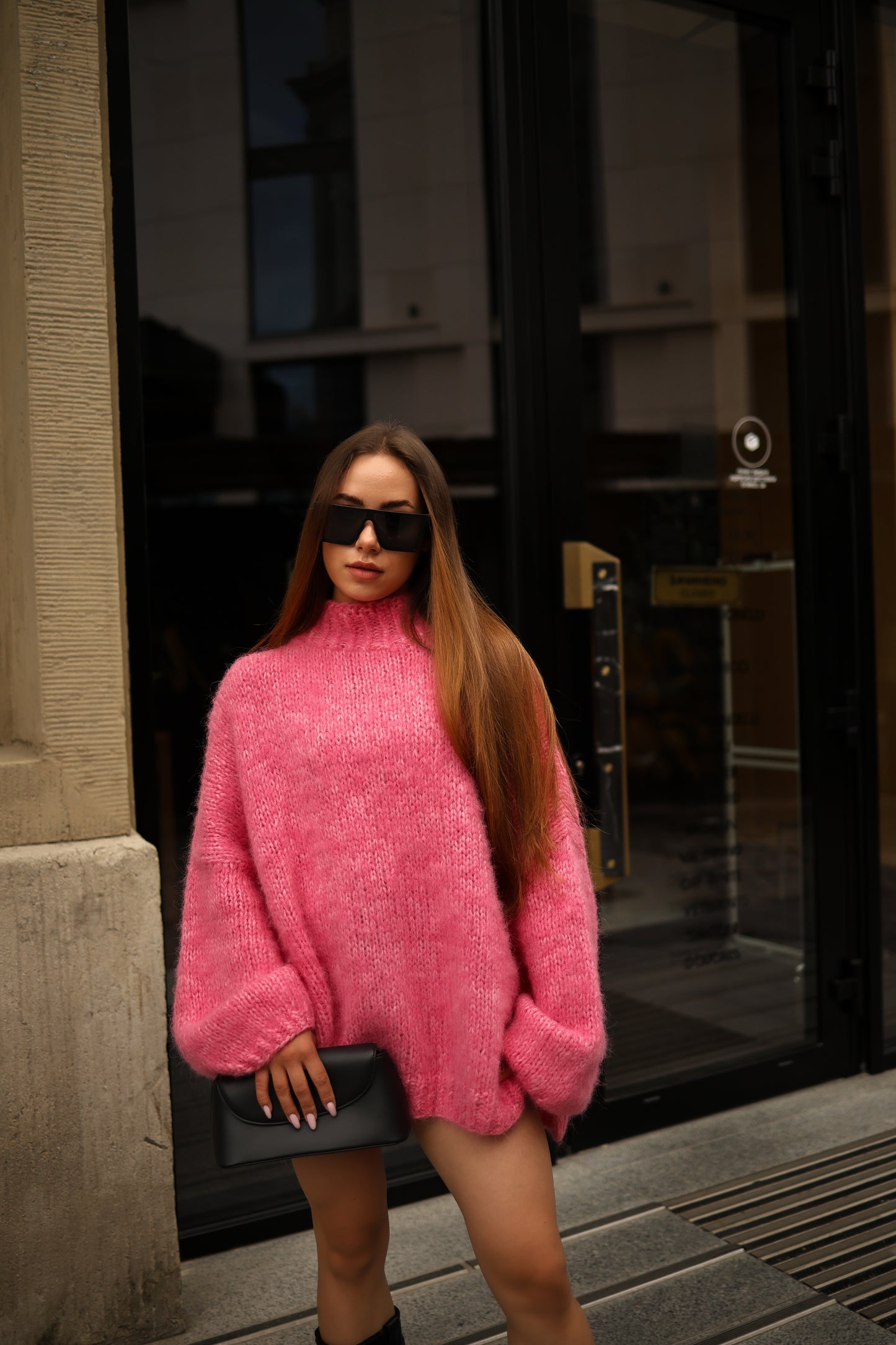 Chic Pink Hand-Knitted Oversized Balloon Sleeve Sweater