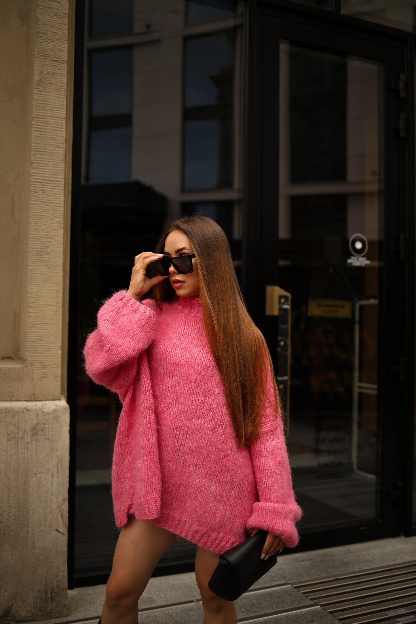 Chic Pink Hand-Knitted Oversized Balloon Sleeve Sweater