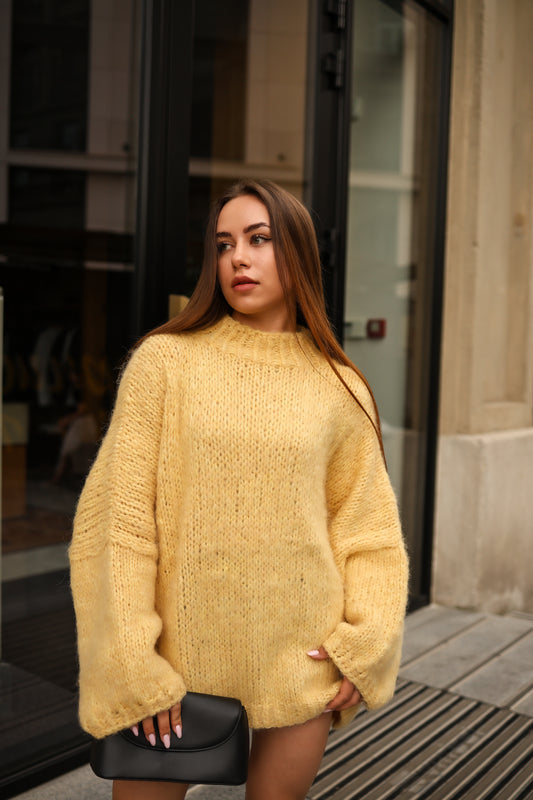 Chic Yellow Hand-Knitted Oversized Balloon Sleeve Sweater