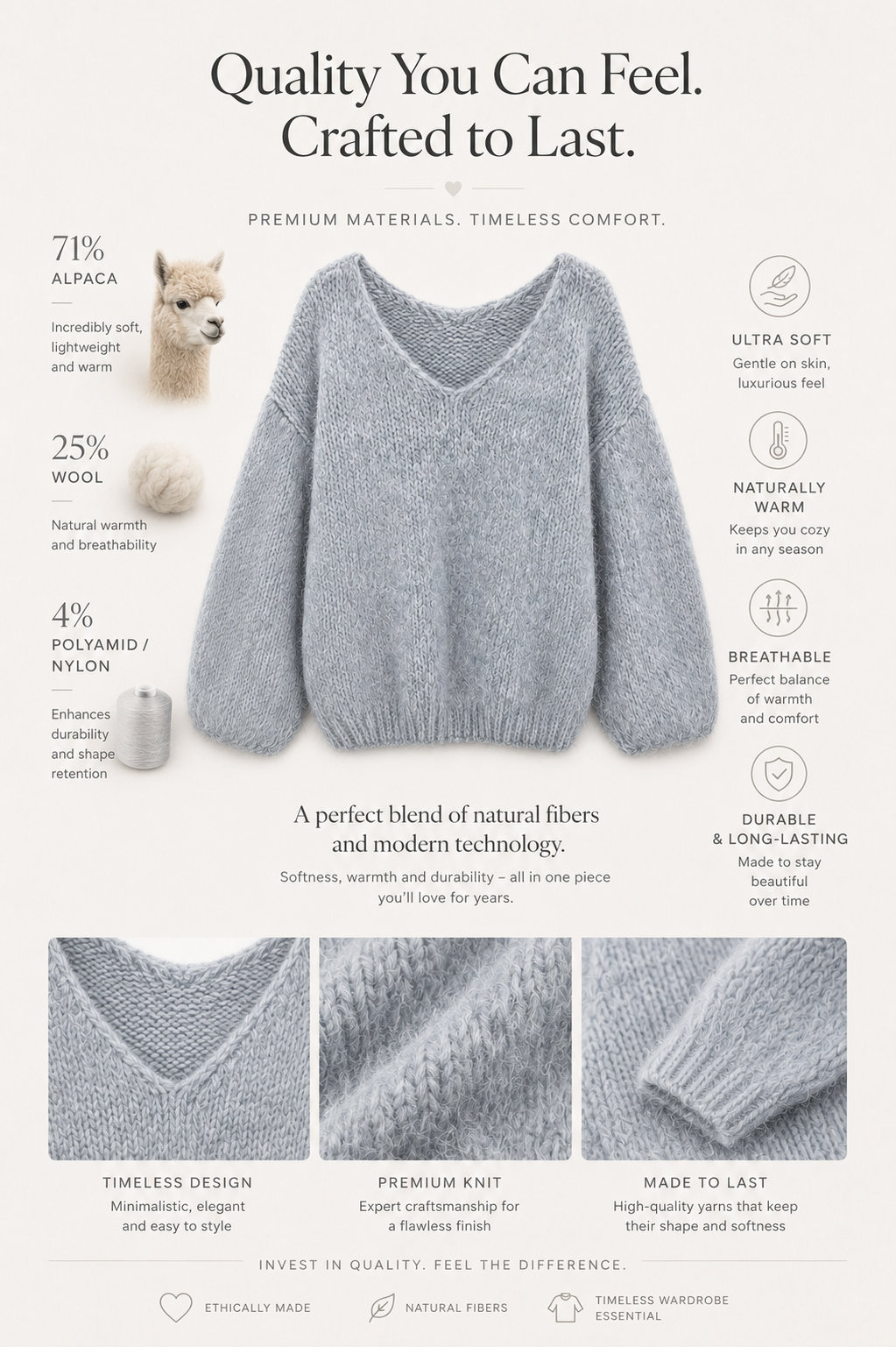 Amara Oversized Pullover mit V-Ausschnitt aus Alpaka & Wolle