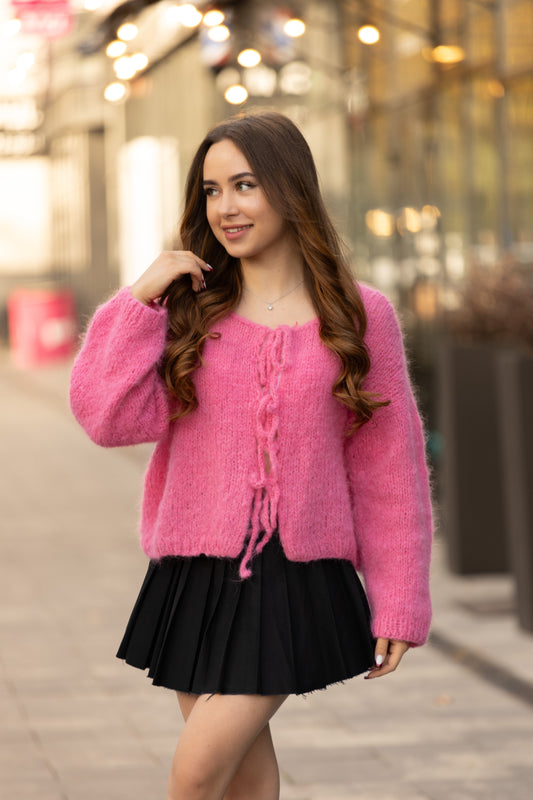 Women's Elegant Handmade Soft Pink Cardigan with Adjustable Ties