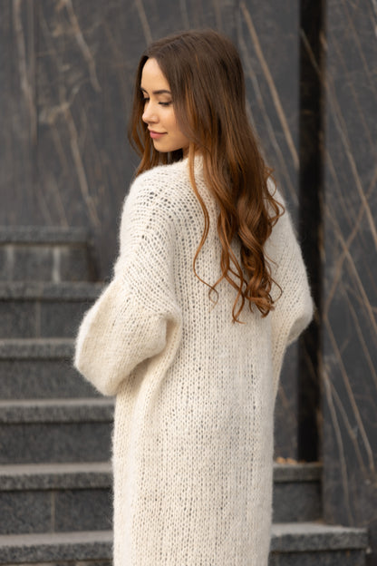 Women's Handmade Chic Long Cream Alpaca Silk Cardigan