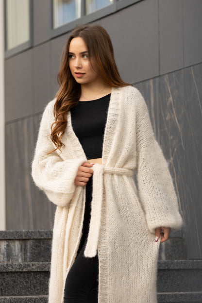Women's Handmade Chic Long Cream Alpaca Silk Cardigan
