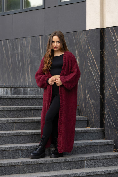 Women's Handmade Chic Long Burgundy Alpaca Silk Cardigan