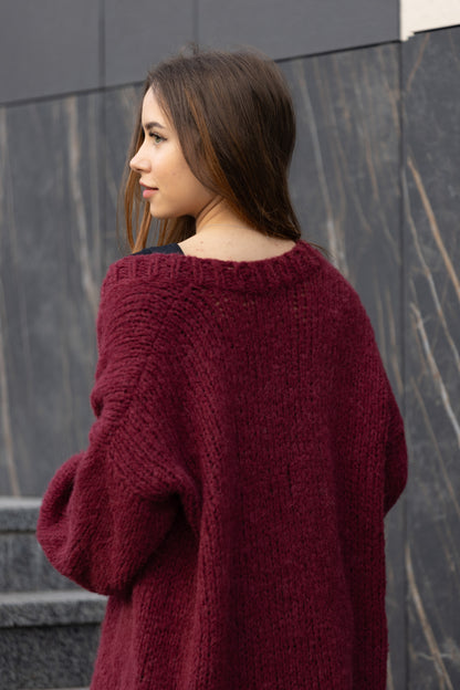 Women's Handmade Chic Long Burgundy Alpaca Silk Cardigan