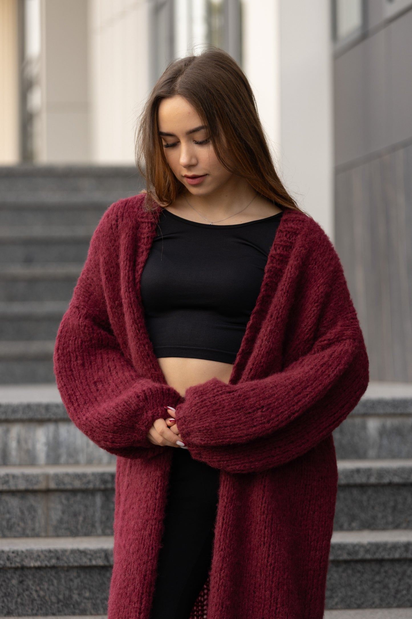 Women's Handmade Chic Long Burgundy Alpaca Silk Cardigan